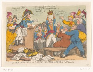 Napoleão vende mercadorias roubadas, 1813 Leilão simulado ou Boney vendendo bens roubados (título do objeto) de Thomas Rowlandson