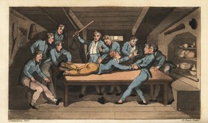 Punição naval de cobbing (espancamento) por estragar uma refeição. Johnny é espancado com um bastão sobre a mesa de bagunça por adicionar sal ao pudim. Gravura em chapa de cobre colorida à mão por W. Leia depois de uma ilustração de Thomas Rowlandson de Al de Thomas Rowlandson
