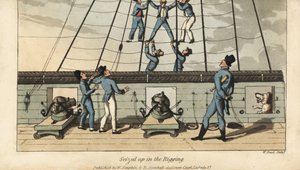 Rito de passagem da Marinha: Johnny é apreendido e farejado no cordame pelos seus companheiros marinheiros. Gravura em chapa de cobre colorida à mão por W. Leia depois de uma ilustração de Thomas Rowlandson, de Alfred Burton