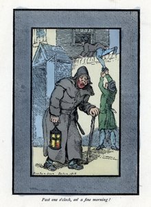 Vigia noturno com a sua lanterna e pau, desatento a dois assaltantes que entram numa casa atrás dele (1819). Gravura em madeira, baseada num quadro de Thomas Rowlandson (1756-1827), publicado em The Cris of London: com seis crianças encantadoras e quase 40 de Thomas Rowlandson