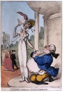 Homem obeso a cortejar um doente com tuberculose: dropsy e consumo, início do século XIX (caricatura)