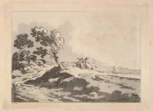 Paisagem aberta com três cavaleiros a uma distância média, indo para a direita, Windblo ..., 1784-88. de Thomas Rowlandson