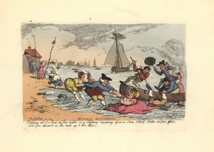 Passageiros a escorregar e a cair na lama do rio. de Thomas Rowlandson