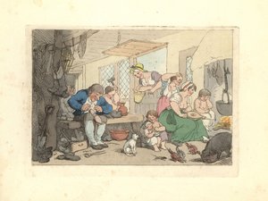 Regency cobbler a remendar sapatos numa sala cheia de gente. de Thomas Rowlandson