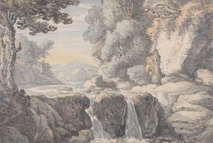 Paisagem fluvial com uma cascata de Thomas Rowlandson