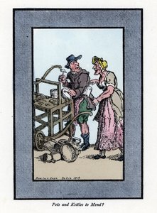 Roaming e retamer de clientes mostrando o fundo de um pote. Ele bate num pote de metal com um martelo num banco portátil. Gravura em madeira, baseada numa pintura de Thomas Rowlandson (1756-1827), publicada em The Cris of London: com seis crianças encantad de Thomas Rowlandson