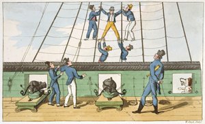 Apreendido no Rigging, prato de "As Aventuras de Johnny Newcome na Marinha", de John Mitford (1782-1831) gravado por W. Read, 1818 de Thomas Rowlandson