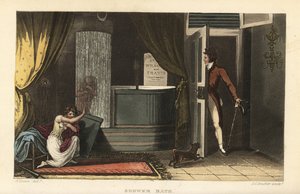 Banho de chuveiro: mulheres a tomar um duche frio numa casa de banho escondendo a sua modéstia de um intruso masculino de Thomas Rowlandson