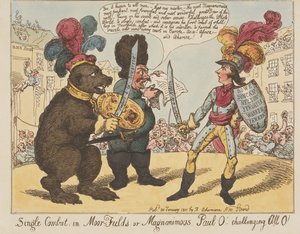 Combate singular, em Moorfields, ou o magnânimo Paul O! - desafiando todos os O! (de: Caricature, vol. 4) de Thomas Rowlandson