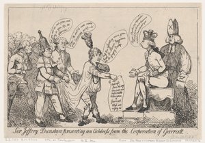 Sir Jeffery Dunstan a apresentar uma mensagem da Corporação de Garratt de Thomas Rowlandson