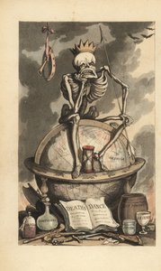 Esqueleto com coroa, lança e ampulheta sentados num globo acima de várias armas letais, pistolas, facas, venenos e drogas. Placa de cobre colorida à mão desenhada e gravada por Thomas Rowlandson de The English Dance of Death, Ackermann, Londres. de Thomas Rowlandson
