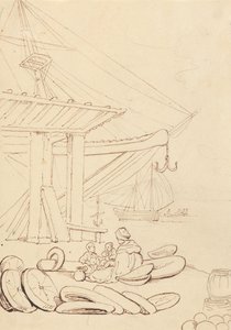Esboço de uma mulher e crianças sentadas num cais de embarque de Thomas Rowlandson