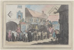 Stage Coach and Riders in the Yard of an Inn, preparando-se para partir, 1789-95., 1789-95. de Thomas Rowlandson