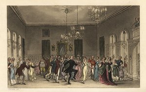 The Ball Room: turistas na moda dançando nas Salas de Assembléia de Scarborough. Cada cavalheiro que dança paga 2s, e cada senhora que bebe chá paga 1s. Gravura em chapa de cobre colorida à mão por Thomas Rowlandson após um esboço de J. Green de Poetical S de Thomas Rowlandson