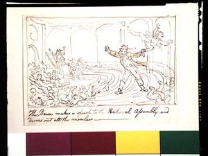 O Barão faz um discurso à Assembleia Nacional e expulsa todos os Deputados (caneta e tinta e aguarela sobre papel) de Thomas Rowlandson