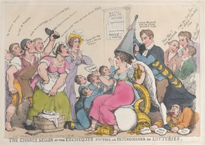 The Chance Seller of the Exchequer colocando um extintor em loterias, setembro..., 18 de setembro de 1823. de Thomas Rowlandson