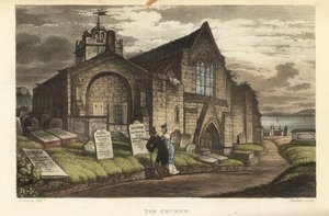 A Igreja: velhos turistas lendo as lápides de um cemitério gótico. Gravura em chapa de cobre colorida à mão de Thomas Rowlandson, aquatint de J.C. Stadler, depois de um esboço de J. Green de Poetical Sketches de Scarborough, Ackermann, Londres. de Thomas Rowlandson