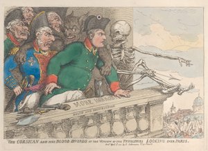 O corso e seus cães de caça na janela das Thuilleries olhando por cima de P..., 16 de abril de 1815. de Thomas Rowlandson