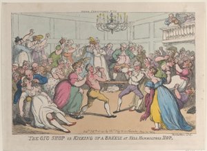 The Gig Shop ou Kicking Up a Breeze at Nell Hammiltons Hop, 16 de fevereiro de 1811., 16 de fevereiro de 1811. de Thomas Rowlandson
