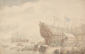O lançamento do HMS Hibernia 1804 de Thomas Rowlandson