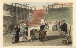O Spa Wells: Turistas a beber a água das termas dos poços em Scarborough Spaw. Gravura em chapa de cobre colorida à mão por Thomas Rowlandson, aquatint por J. C. Stadler, depois de um esboço de J. Green do Poetical Sketches de Scarborough, Ackermann, Londr de Thomas Rowlandson