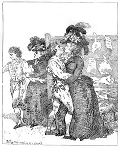 As duas duquesas patrióticas em sua tela solicitando o favor de uma pesquisa inicial, 1784. de Thomas Rowlandson