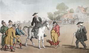 O vigário que vende seu cavalo, ilustração de "O vigário de Wakefield" por Oliver Goldsmith, bar. Ackermann, 1817 (aquatinta colorida à mão) de Thomas Rowlandson