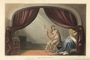 O Banho Quente: mulher nua tomando banho atrás de cortinas em uma sala de Regency. Disse ser um retrato de Mary Robinson, dona do Rei George IV. Gravura em chapa de cobre colorida à mão de Thomas Rowlandson, aquatint de J. Bluck, depois de um esboço de J.  de Thomas Rowlandson