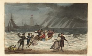 A Festa da Água: turistas abandonam uma viagem pelo mar devido ao mau tempo. Gravura em chapa de cobre colorida à mão por Thomas Rowlandson, aquatint por J.C. Stadler, depois de um esboço de J. Green do Poetical Sketches de Scarborough, Ackermann, Londres de Thomas Rowlandson