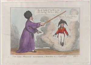 The York Magician Transformando um Foot-Boy em um Capitão, 25 de fevereiro de 1809., 25 de fevereiro de 1809. de Thomas Rowlandson