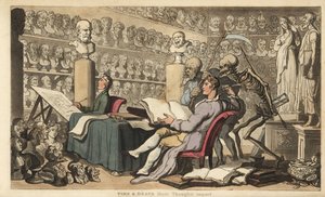 As figuras do Tempo com uma foice e da Morte com sua lança e ampulheta ficam atrás de um artista com uma pena desenhada em um atelier cheio de bustos e esculturas clássicas. Placa de cobre colorida à mão desenhada e gravada por Thomas Rowlandson de The Eng de Thomas Rowlandson