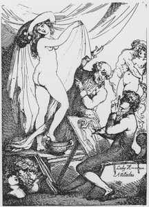 A futura Lady Hamilton posando como Hygeia, deusa da saúde, no Templo de Esculápio do Dr. James Graham de Thomas Rowlandson