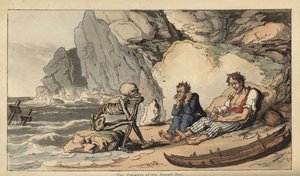 A figura esquelética da Morte está numa praia com dois marinheiros naufragados. Placa de cobre colorida à mão desenhada e gravada por Thomas Rowlandson de The English Dance of Death, Ackermann, Londres. de Thomas Rowlandson