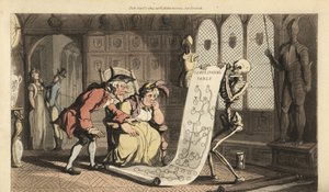 O esqueleto Morte com sua ampulheta mostra uma tabela genealógica a dois Geneólogos aristocráticos idosos em uma sala com escudos heráldicos e trajes de armadura. Placa de cobre colorida à mão desenhada e gravada por Thomas Rowlandson de The English Dance  de Thomas Rowlandson