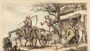 O esqueleto da Morte e do velho O tempo veio para levar o velho marido do Goody Barton, mas o carrinho já está muito cheio de cadáveres. Placa de cobre colorida à mão desenhada e gravada por Thomas Rowlandson de The English Dance of Death, Ackermann, Londr de Thomas Rowlandson