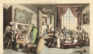 O esqueleto da Morte aparece na sala de estar de uma grande família para levar uma criança ou um recém-nascido. Placa de cobre colorida à mão desenhada e gravada por Thomas Rowlandson de The English Dance of Death, Ackermann, Londres de Thomas Rowlandson