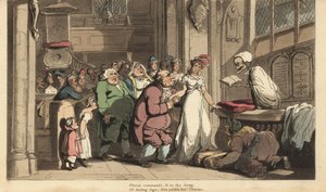 O esqueleto da Morte como um padre celebrando o casamento entre uma jovem mulher e um velho feio. Placa de cobre colorida à mão desenhada e gravada por Thomas Rowlandson de The English Dance of Death, Ackermann, Londres. de Thomas Rowlandson