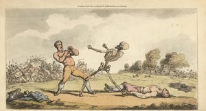O esqueleto das Caixas da Morte com um lutador sem camisa, enquanto outro pugilista está no chão e a multidão foge aterrorizada. Placa de cobre colorida à mão desenhada e gravada por Thomas Rowlandson de The English Dance of Death, Ackermann, Londres. de Thomas Rowlandson
