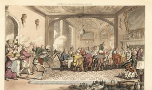 O esqueleto da Morte traz um prato de Dainty Dainty fatal para um banquete guloso num grande salão. Placa de cobre colorida à mão desenhada e gravada por Thomas Rowlandson de The English Dance of Death, Ackermann, Londres de Thomas Rowlandson
