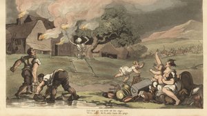 O esqueleto da Morte queima uma casa com tochas enquanto uma família tenta salvar os seus tesouros e apagar o fogo com baldes de água da lagoa. Placa de cobre colorida à mão desenhada e gravada por Thomas Rowlandson de The English Dance of Death, Ackerm de Thomas Rowlandson