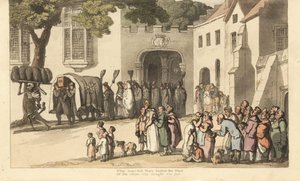 O esqueleto da Morte transporta plumas funerárias negras à frente do cortejo do Lorde Roland. O Bom e o Grande. Placa de cobre colorida à mão desenhada e gravada por Thomas Rowlandson de The English Dance of Death, Ackermann, Londres. de Thomas Rowlandson