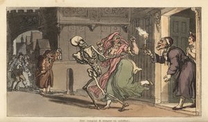O esqueleto da Morte transporta um Virago de uma casa enquanto um guarda-noturno com lanterna olha. Placa de cobre colorida à mão desenhada e gravada por Thomas Rowlandson de The English Dance of Death, Ackermann, Londres de Thomas Rowlandson