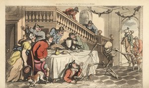 O esqueleto da Morte vem para um Caçador enquanto ele se esconde debaixo de uma mesa depois de uma caça à raposa. Placa de cobre colorida à mão desenhada e gravada por Thomas Rowlandson de The English Dance of Death, Ackermann, Londres de Thomas Rowlandson
