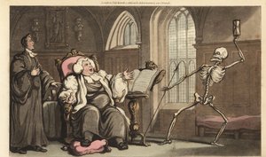 O esqueleto da Morte vem para o Bispo na abadia, enquanto ele lê a Bíblia em um estrado e descansa seu pé goivado sobre uma almofada. Placa de cobre colorida à mão desenhada e gravada por Thomas Rowlandson de The English Dance of Death, Ackermann, Londres de Thomas Rowlandson