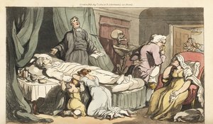 O esqueleto da Morte vem para o Doutor, enquanto o sacerdote reza sobre o cadáver de um homem bom, lamentado pela sua mulher e filho. Placa de cobre colorida à mão desenhada e gravada por Thomas Rowlandson de The English Dance of Death, Ackermann, Londres de Thomas Rowlandson