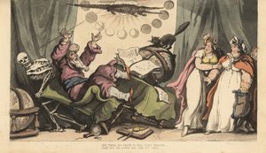 O esqueleto da Morte vem para o Fortune Teller em seu quarto decorado com globos planetários, livros de astrologia e crocodilos. Duas clientes assistem aterrorizadas. Placa de cobre colorida à mão desenhada e gravada por Thomas Rowlandson de The English Da de Thomas Rowlandson
