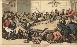 O esqueleto da Morte luta com jogadores cavalheiros na sala do Chance em um clube de jogos londrino. Chapa de cobre colorida à mão desenhada e gravada por Thomas Rowlandson de The English Dance of Death, Ackermann, Londres de Thomas Rowlandson