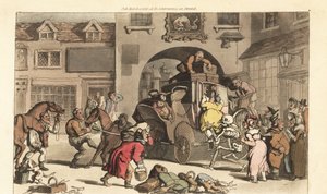 O esqueleto da Morte ajuda uma grande matrona a entrar na última fase fatal. Placa de cobre colorida à mão desenhada e gravada por Thomas Rowlandson de The English Dance of Death, Ackermann, Londres de Thomas Rowlandson