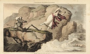 O esqueleto da Morte segura um lenço na sua órbita quando uma mulher se suicida de um penhasco para se juntar ao seu amante afogado. Placa de cobre colorida à mão desenhada e gravada por Thomas Rowlandson de The English Dance of Death, Ackermann, Londres. de Thomas Rowlandson