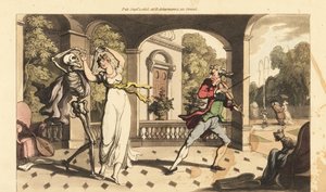 O esqueleto da Morte em uma capa dança uma valsa final com a frágil Caelia, enquanto seu tutor de dança parece atemorizado. Placa de cobre colorida à mão desenhada e gravada por Thomas Rowlandson de The English Dance of Death, Ackermann, Londres. de Thomas Rowlandson